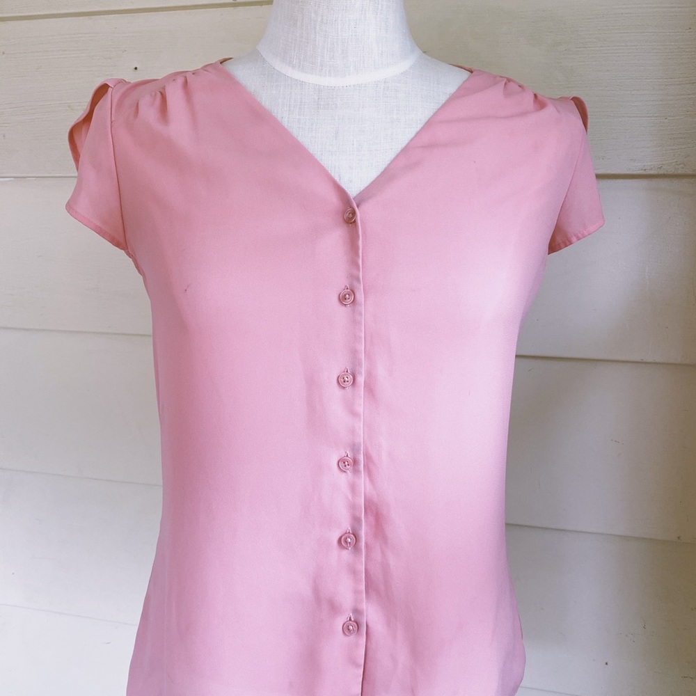Vintage 70s pink chiffon blouse size medium ruffle cap sleeves workwear - Picture 4 of 4